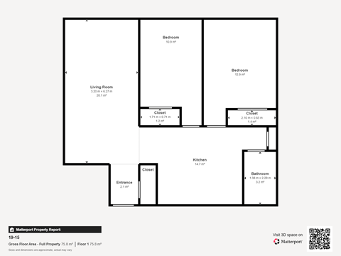 Floor plan for 2 beds, 1 bath, 828 sqft